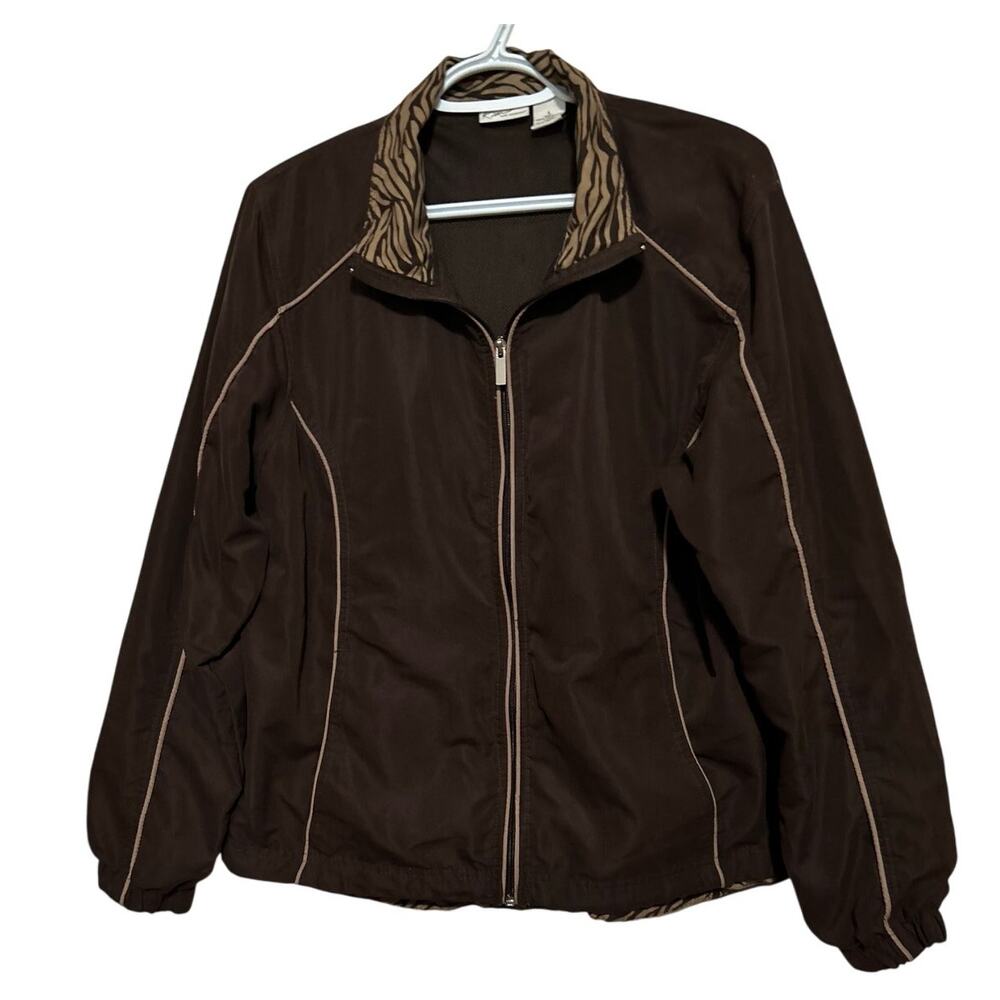 Kim Rogers Women's Brown Animal Print Collar Lightweight Full Zip Jacket Size L